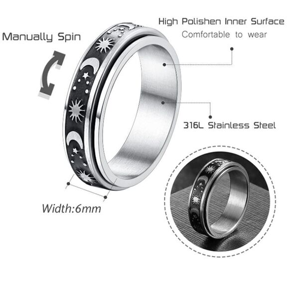 316L Stainless Silver Sun Moon & Stars Fidget Anxiety Stress Relieving Spin Ring - Picture 4 of 4